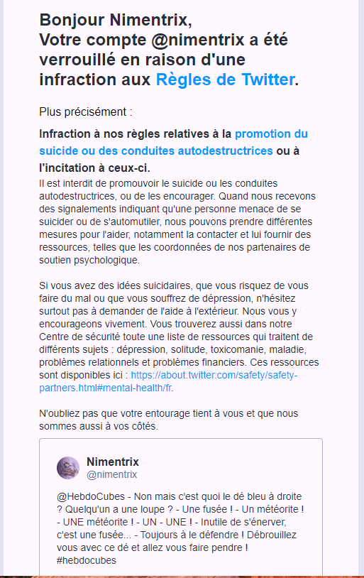 FreeNimentrix's tweet photo. Le compte de @nimentrix est toujours bloqué.
Voici le mail du 28/08/2022 à 14h23 et en lisant la micronouvelle en dessous.
Où est le rapport avec la promotion du suicide ou l'autodestruction ?
Les algorithmes sont loin d'être parfait.
#FreeNimentrix #Libertedexpression https://t.co/OjYrAfLhRU