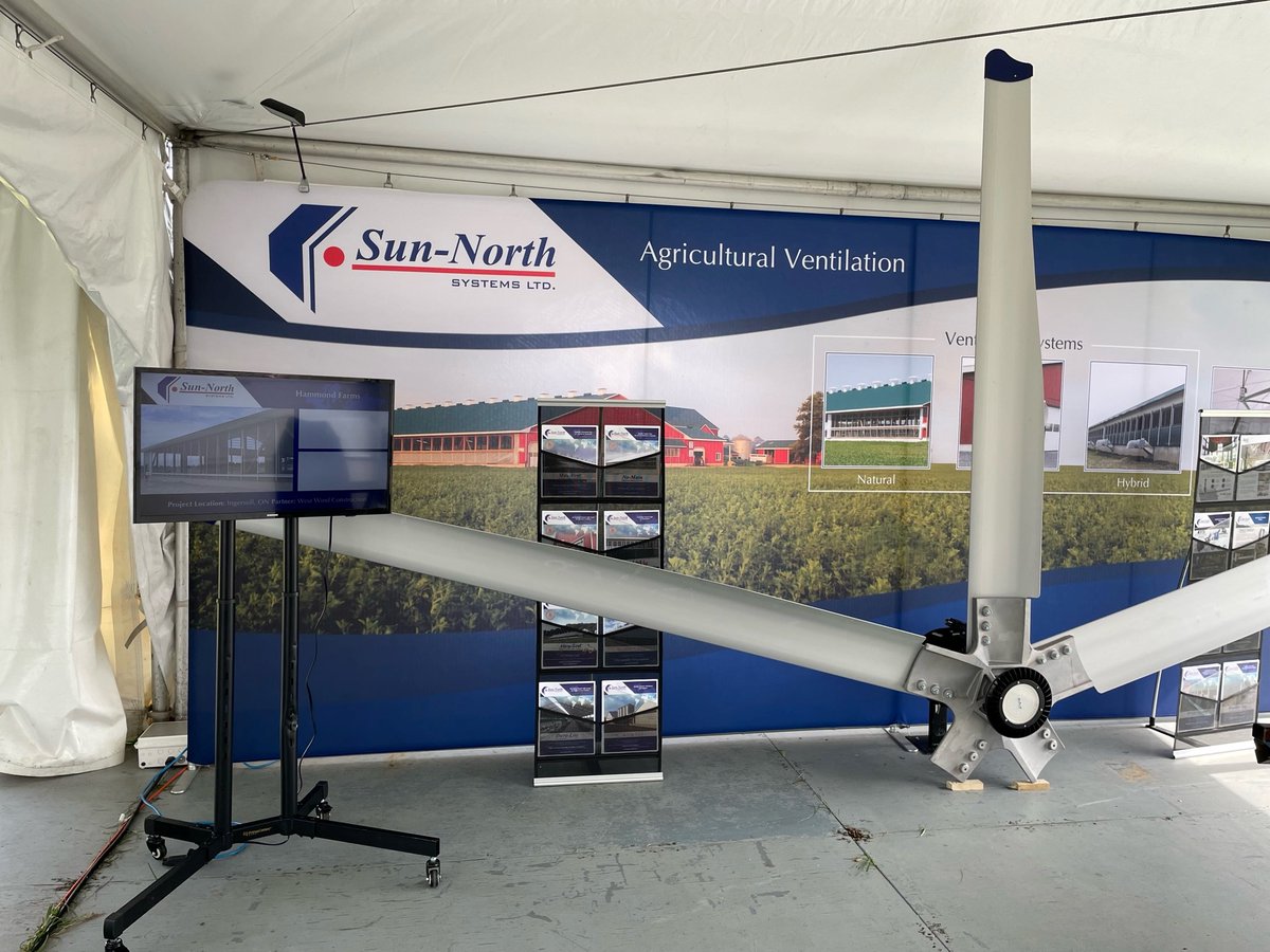 SunNorthSystems's tweet photo. Today is day 1 of #ExpoChamps 2022...Come see us at booth A-022 alongside Monitrol! Our large overhead fan (named Ethel 😉) is hard to miss! We also have a @CoreCoolSystems unit on display!   👍https://t.co/FtkjS8xtc5 #expochamps #OntAg #CdnAg #sunnorth #barnventilation https://t.co/Kk93h5wSSi