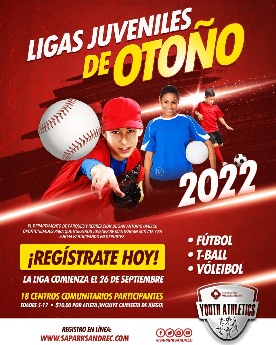 Register today for the <a href="/SAParksandRec/">SAParksandRec</a> 2022 Fall Youth Leagues! League play begins Sept. 26 at 18 participating community centers. Learn more at saparksandrec.com.