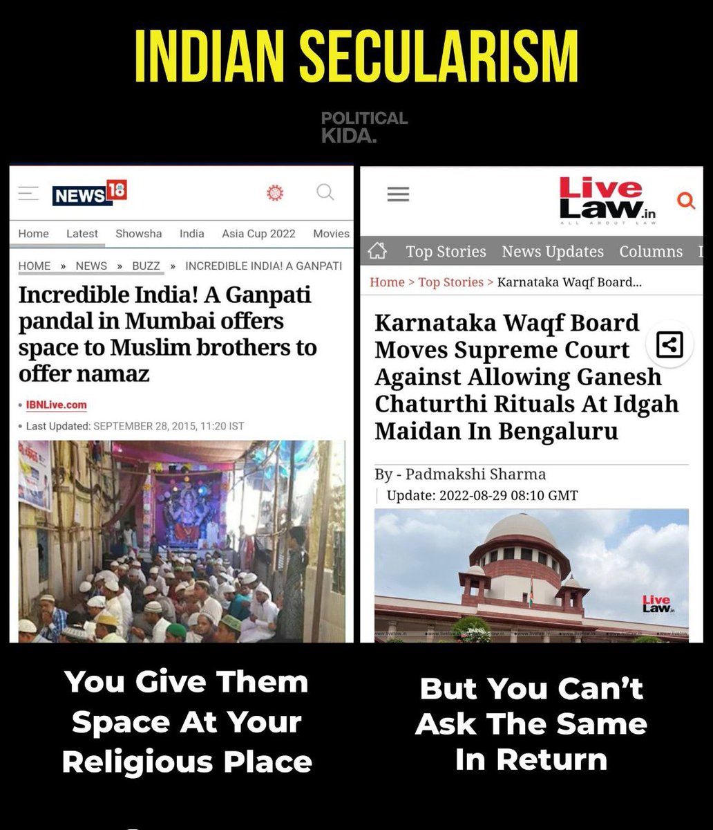 RSS_Friend's tweet photo. 🇮🇳 Secularism in Nutshell 

Waqf Board Approached Supreme Court Against GaneshaChaturthi Celebration at Idgah Maidan Bangalore
🤫
Sharia Court Denied Permission for Ganeshotsav at Idgah Maidan 

SC : shh.. Secularism hai

Stop Land Jihad
#RemoveWaqfBoard
 https://t.co/kI2OaV3Pa0