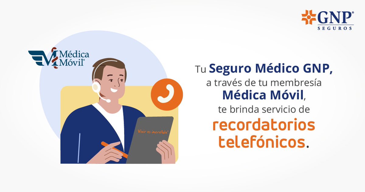 gnp_mx's tweet photo. Tu #SeguroMédico #GNP, a través de tu membresía #MédicaMóvil, te brinda servicio de recordatorios telefónicos por citas médicas programadas o ingesta de medicamentos 📱 Solicíta tus asistencias en Línea GNP o acércate a tu #Agente GNP para más información. https://t.co/iirMRJaVkg