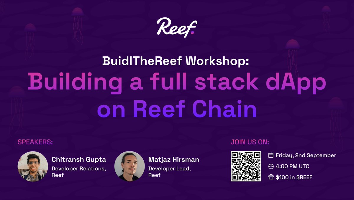 Reef_Chain's tweet photo. Next up: #BuidlTheReef Workshop w/ Chitransh, Developer Relations &amp; Matjaz, Developer Lead at #Reef.

🛠️ Join and learn to create &amp; deploy a minimal Full Stack dApp on #ReefChain.

2nd September at 04:00 PM UTC

Quiz Rewards: $100 in $REEF 💸

📌 Register: https://t.co/52iCbOu3TE https://t.co/9Hn8Kr3as0