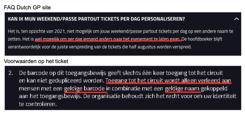 raimeNL's tweet photo. Ik heb 2 weekend kaarten voor @f1dutchgp en ik wil op zaterdag iemand anders meenemen dan op zondag. Personaliseren kan maar op 1 naam. Op de faq staat dat je iemand anders kan laten gaan, op het kaartje staat een tegenstrijdige tekst. Wat is het nou?

#DutchGP #DTV https://t.co/X2UmAw1AFE