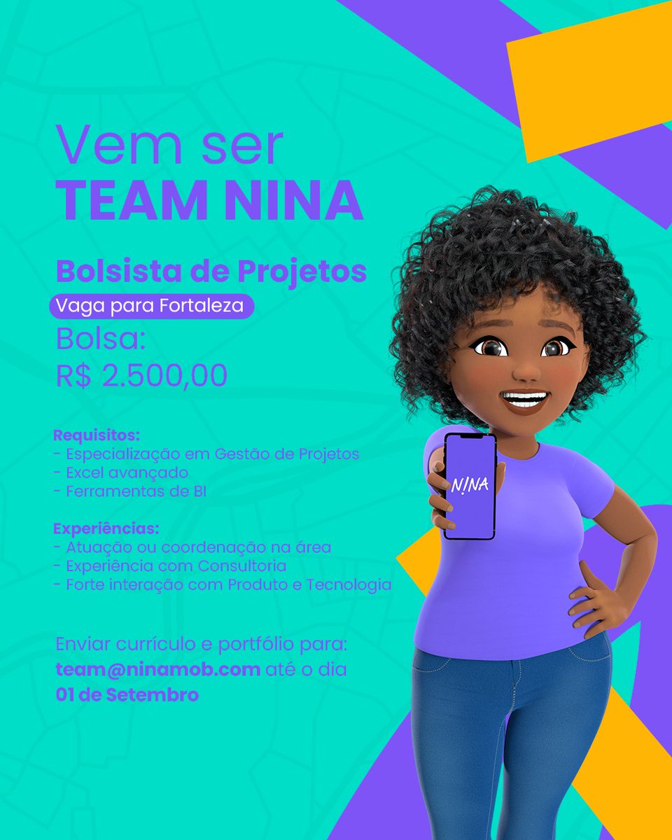 superninamob_'s tweet photo. [#VAGA BOLSISTA DE PROJETOS - FORTALEZA/CE]

Estamos procurando uma pessoa Bolsista de Projetos para integrar o #TimeNINA! 

Acha que se encaixa nos requisitos? 📨 Envia seu currículo para o e-mail team@ninamob.com com o nome da vaga no título até 01/09 e boa sorte! 💜 https://t.co/5h6OPfWigC