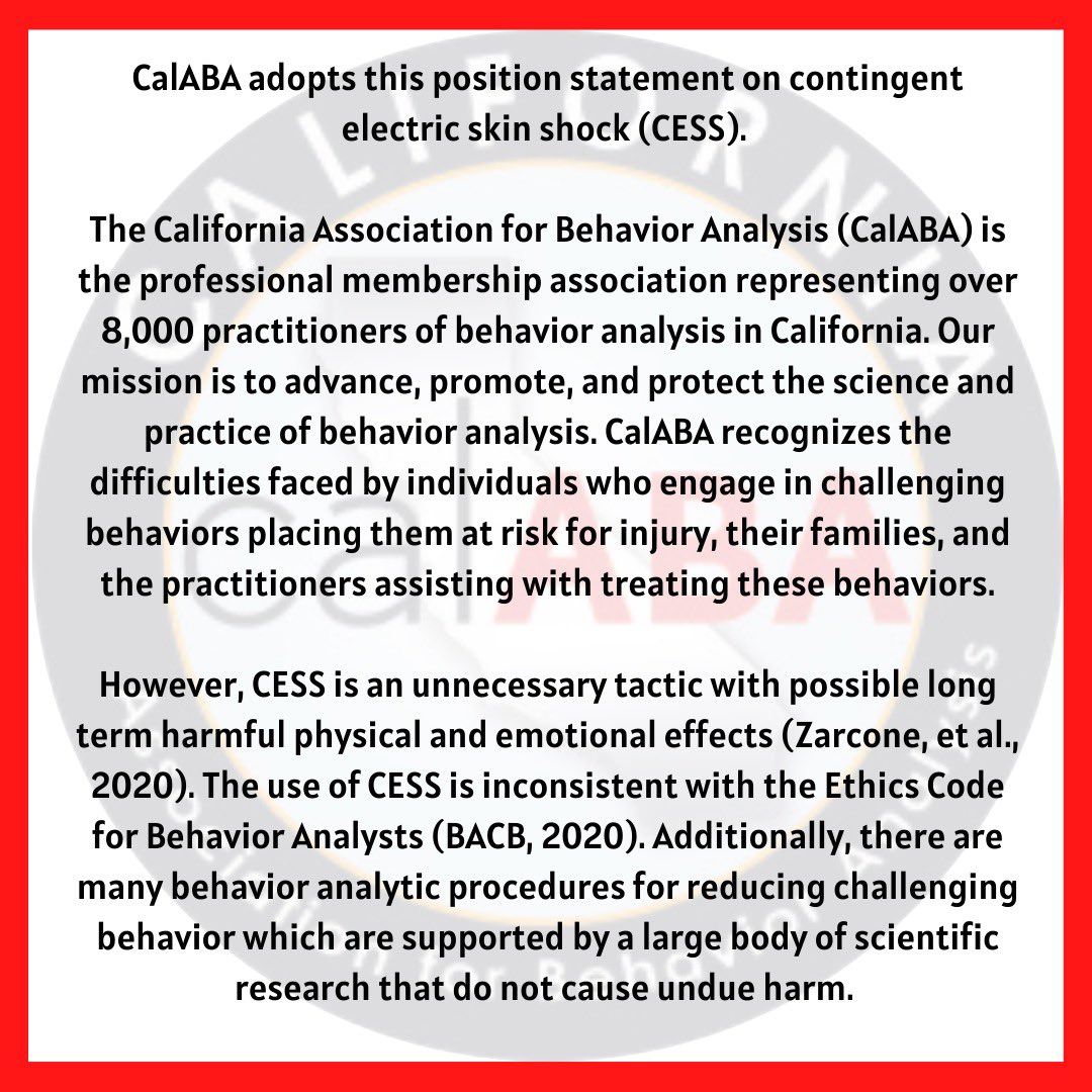 calabaorg's tweet photo. CalABA Statement on the Use of Electric Shock in the Treatment of Individuals with Disabilities. https://t.co/bTaxCXlley