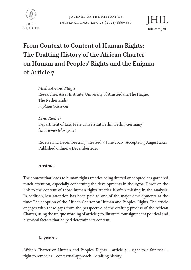 JHIL_RHDI | @jhil-rhdi.bsky.social (@jhil_rhdi) on Twitter photo #fromtheissue: In their JHIL 4/21 article ‘From Context to Content of Human Rights’, <a href="/MPlagis/">Dr Misha Plagis</a> and Lena Riemer (<a href="/FU_Berlin/">Freie Universität</a>) dive into the drafting history of the African Charter on Human & Peoples’ Rights. Learn more about the enigma of Art 7 at brill.com/view/journals/… #openaccess #fromtheissue: In their JHIL 4/21 article ‘From Context to Content of Human Rights’, <a href="/MPlagis/">Dr Misha Plagis</a> and Lena Riemer (<a href="/FU_Berlin/">Freie Universität</a>) dive into the drafting history of the African Charter on Human & Peoples’ Rights. Learn more about the enigma of Art 7 at brill.com/view/journals/… #openaccess