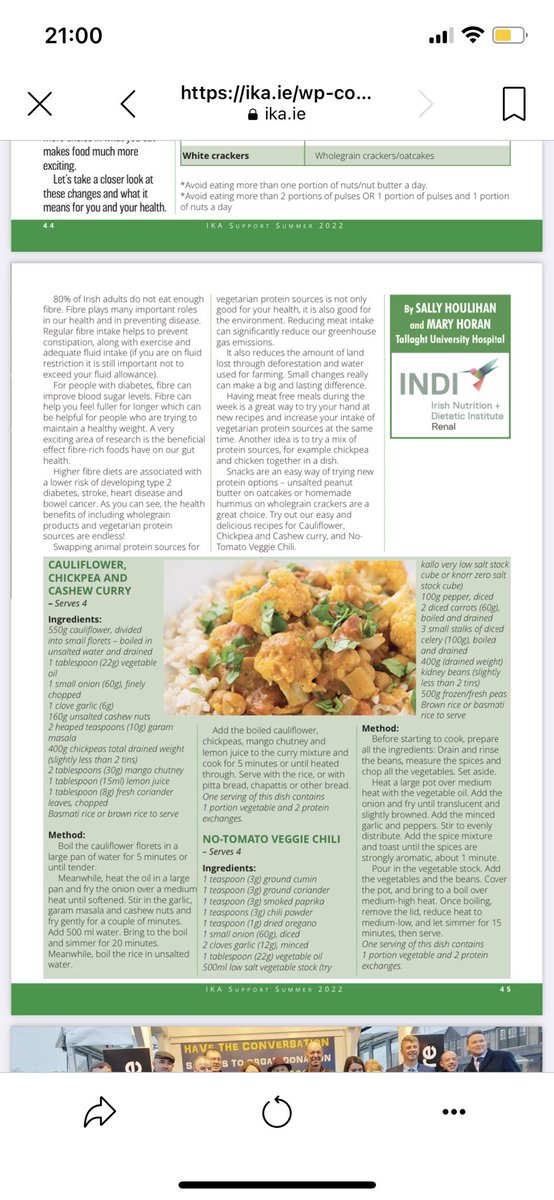 irishkidneyRDs's tweet photo. 1 month until the All Ireland Renal Study Day Sept 30th! We can’t wait to see the presentations, one of which will be given by @SallyHoulihan👏 who also made a recent appearance in the IKA magazine. 
Check out this informative piece on protein &amp; fibre in the kidney diet 🥩🫘🥦 https://t.co/uuul6EP8Kx