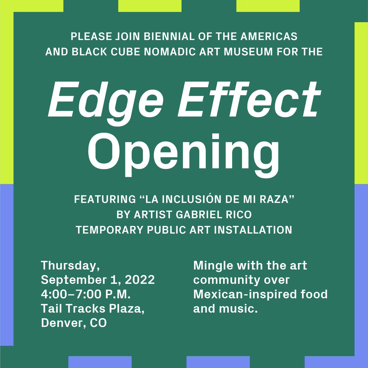 wordisdiversity's tweet photo. @thebiennial + #BlackCubeArt have teamed up for #EdgeEffect, bringing “La inclusión de mi raza (The inclusion of my race)” by artist Gabriel Rico to Downtown Denver. Opening at Tail Tracks Plaza on 9/1, the reception will be free and open to the public.
https://t.co/V1oQ2MGWo2 https://t.co/7h4zw6fZ0B