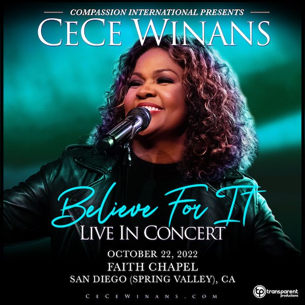 GODRadio1's tweet photo. Multi award winning legend in Gospel "CeCe Winans" is coming to San Diego in concert!! Get your tickets now for The Believe For It Tour and don't miss it!!  https://t.co/7qFOljcrYX

#BelieveForIt
#IveGotJoy 
#TransparentProductions
#CompassionInternational https://t.co/vfRpXl1AOG