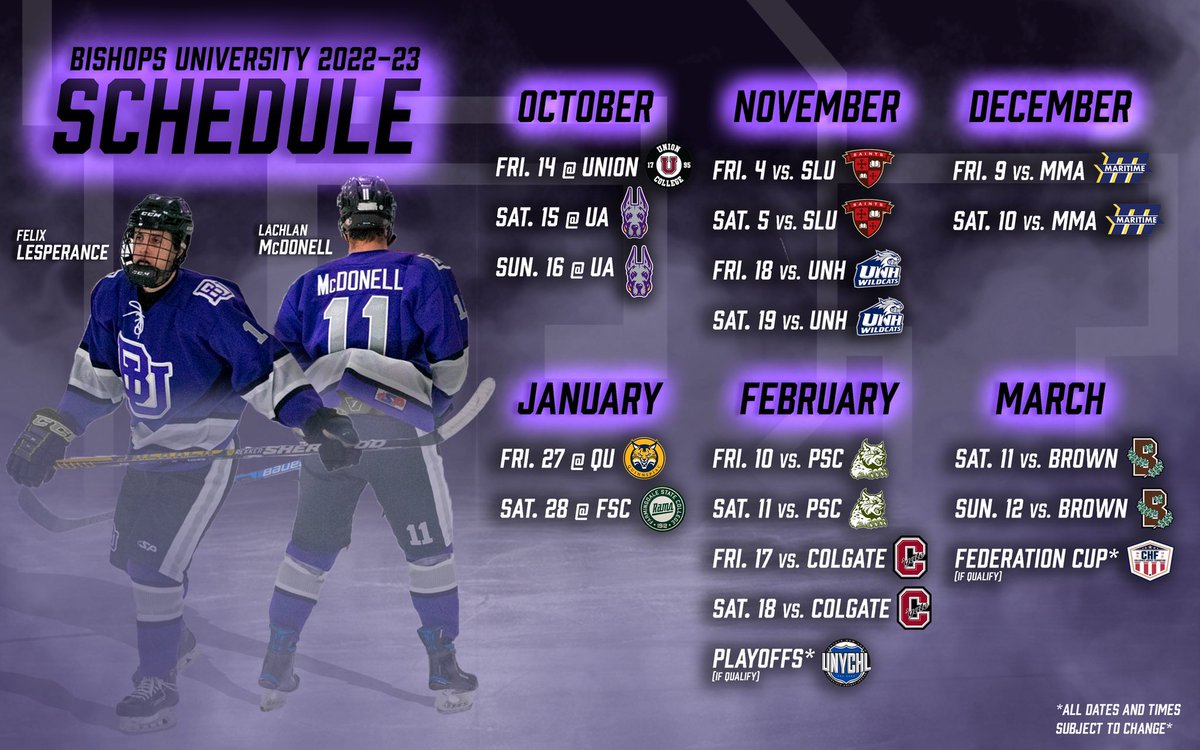 Mark your calendars! We are excited to release our schedule for the 2022-23 season. Our schedule includes two Ivy League schools along with two top 10 teams. Home games are indicated with VS while away with @. Check out our website for more. 

*Note* games are subject to change