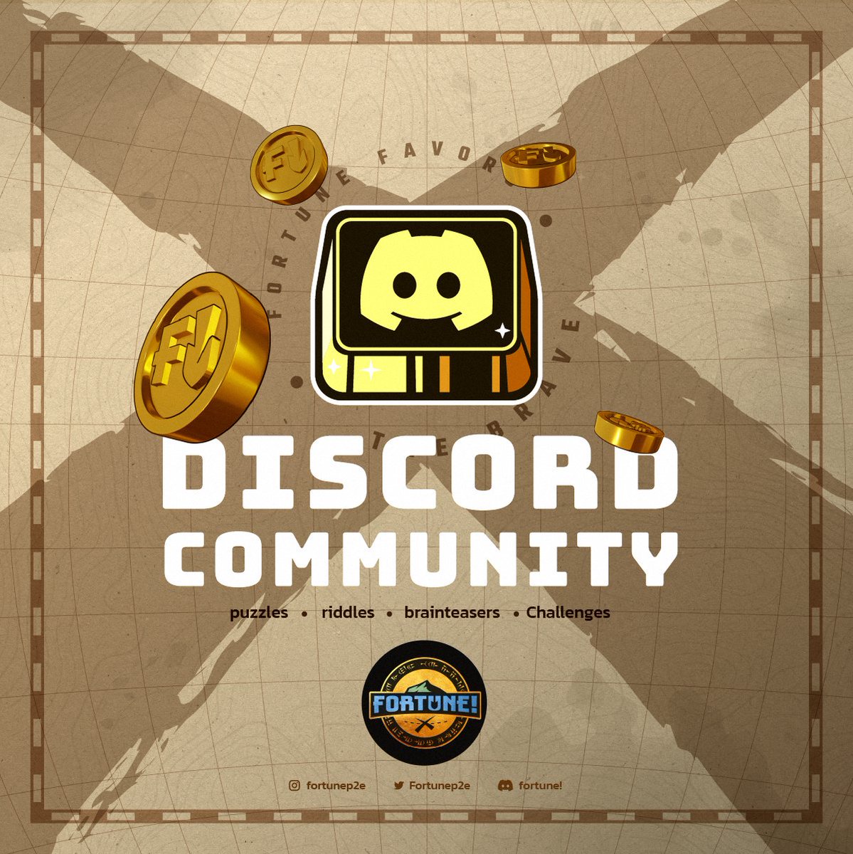 Fortunep2e's tweet photo. Our #Discord Community offers challenges to prepare you to face the dangers of #FortuneHunting. Complete #puzzles, #riddles and #brainteasers to earn $FP, which you can exchange for valuable items in the #FortuneStore. https://t.co/Sz3UDyB8jw