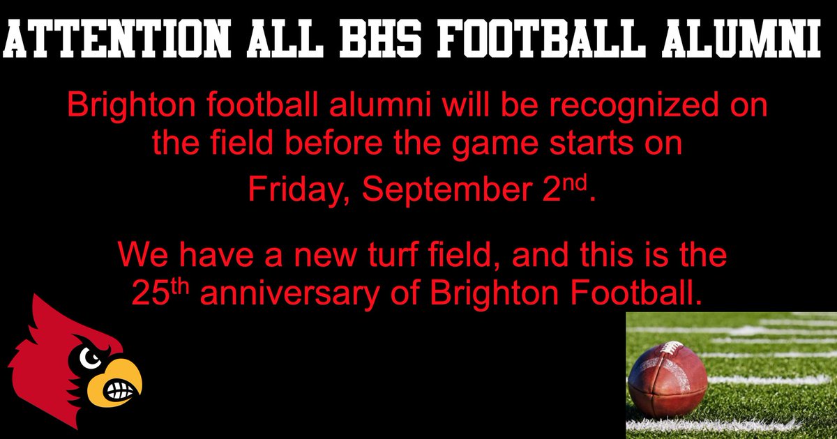 BrightonCards's tweet photo. Calling all Football Alumni!! Come out to this Friday’s game against Overton at 7 p.m. #AllCardinalsAlways #CardinalFam https://t.co/wobjv0Q0f6