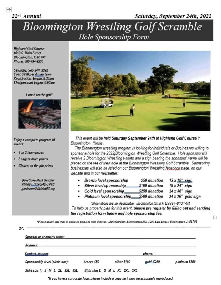 <a href="/BHSRaiderWrestl/">BHS Raider Wrestling</a> will be having its annual golf scramble event on Saturday, 9/24 at Highland Park GC. Golfers and sponsors are needed, so please click on the photos for details.
