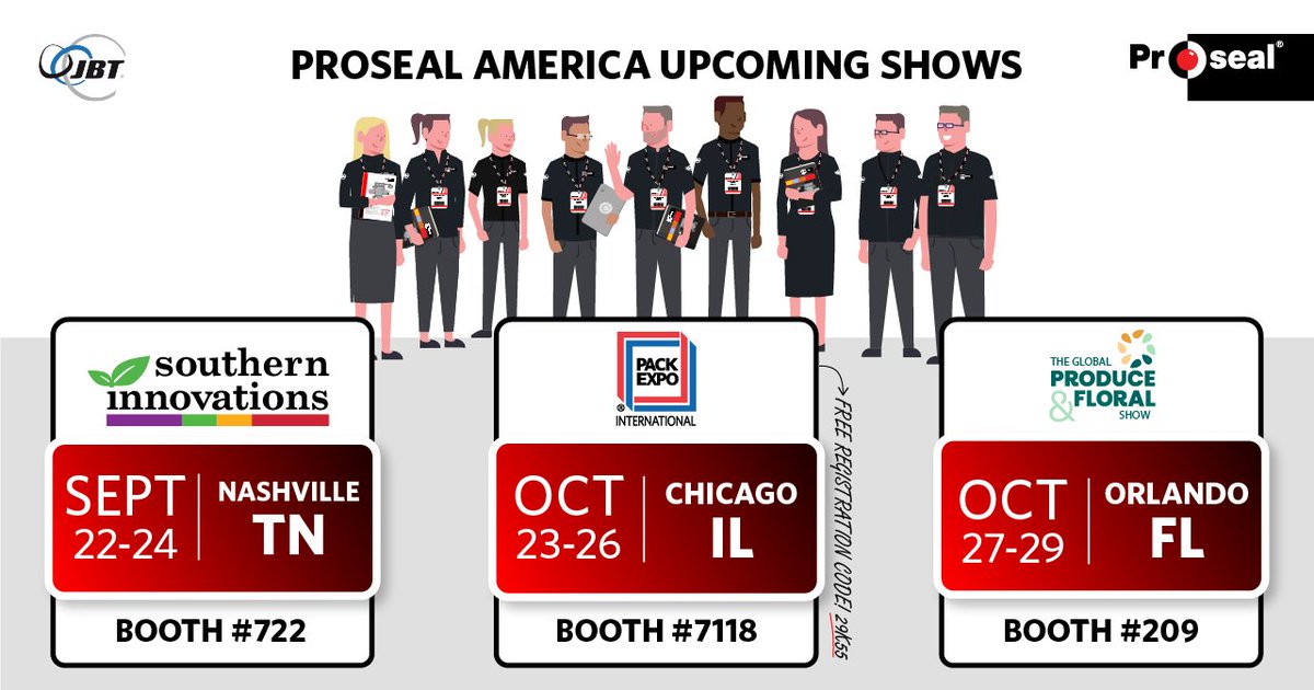 ProsealAmerica's tweet photo. We are excited to announce that we will be back on the trade show floor!

1) @ProduceCouncil's Southern Innovations
2) @packexposhow
3) @IntFreshProduce's Global Produce &amp; Floral Show

We cant wait to see everyone!

#OneJBT #Proseal #traysealing #foodpackaging #sustainability https://t.co/iY4Vq1CEF6
