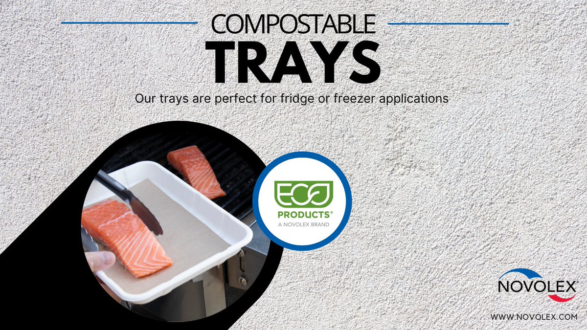 Novolex's tweet photo. Made with #renewable materials and #BPICertified #compostable, our trays are perfect for fridge or freezer applications. Want to see all the sizes we offer? Hit the link below to learn more! https://t.co/eaK55oLWrc https://t.co/lPxpRknfPm