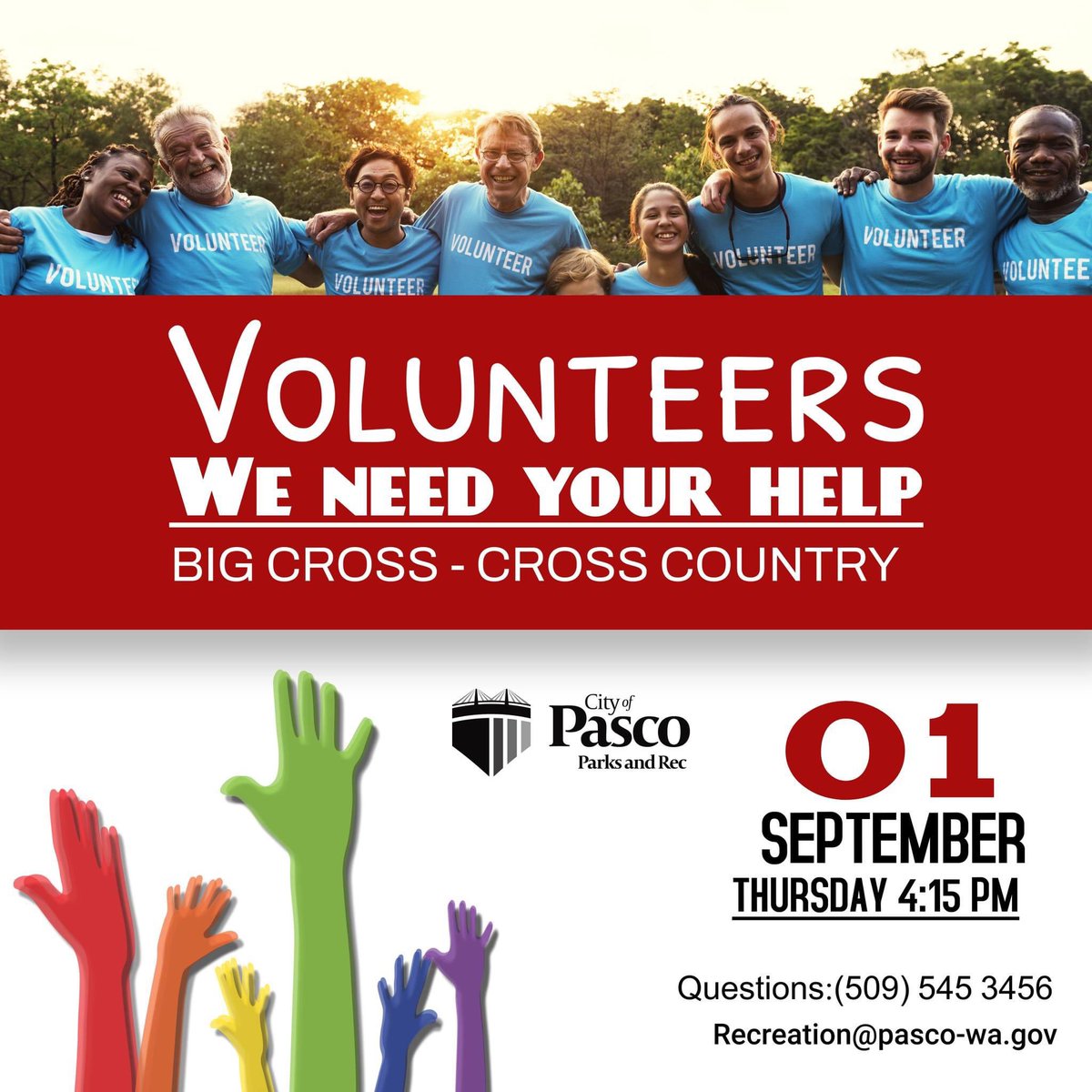 Pascoparksnrec's tweet photo. We are looking for volunteers this Thursday, September 1 at Big Cross  to prepare the trails for this upcoming cross country season. We would like to start the season off on the right foot!
Meet us at 4:15pm in the parking lot (3700 Rd 36 - 36th, N of Argent); bring your gloves. https://t.co/Cd3pq2RjVy
