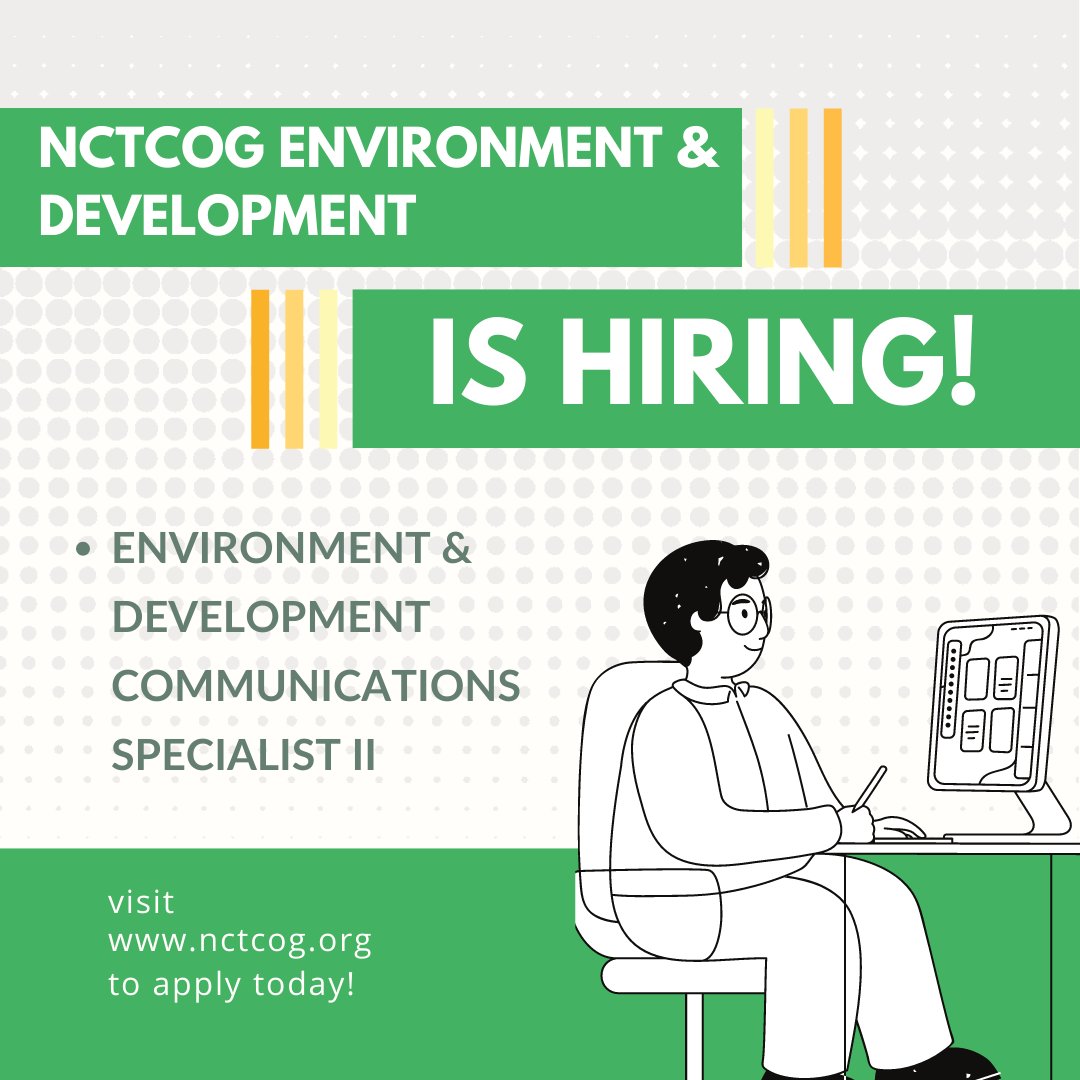 NCTCOG #EnvironmentandDevelopment🌳🌍♻️is hiring Click the link below for more information🖱️🖥️ jobs.silkroad.com/NCTCOG/Careers #nowhiring #hiring #newjobopportunity #communicationsspecialist #NCTCOG