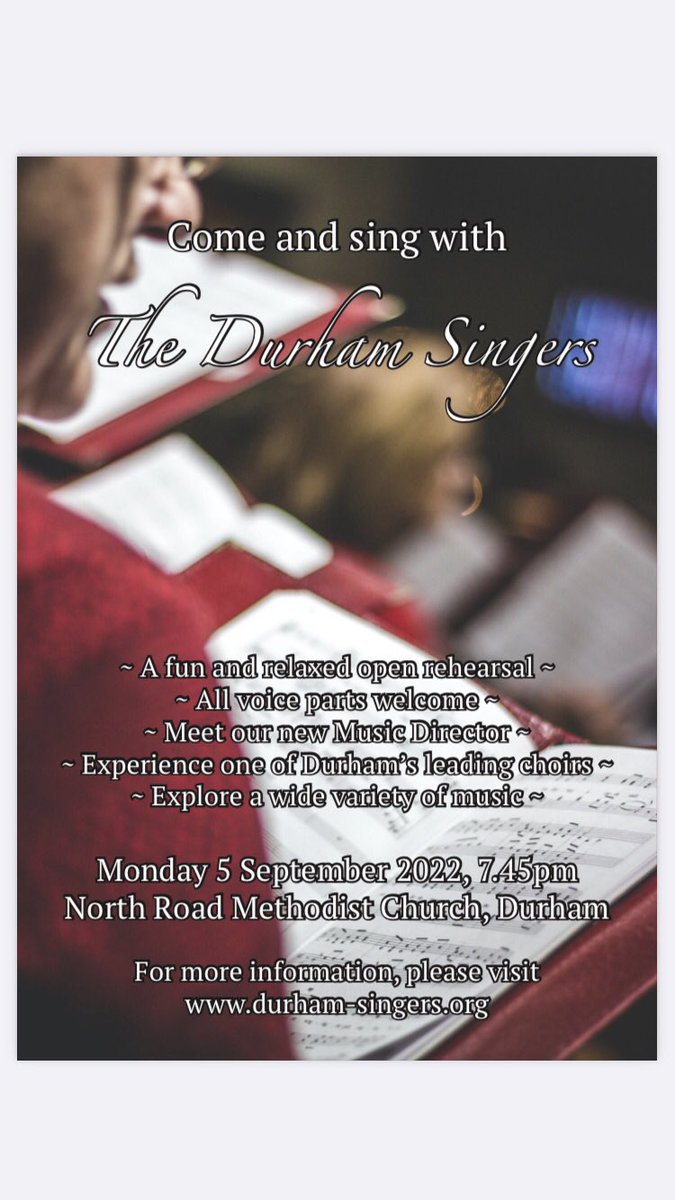 Less than a week to go! If you can get yourself to Durham next Monday please do join us for our ‘Come and Sing’ open rehearsal. We can promise great music and a warm  welcome! You might even decide to join us for our autumn season and beyond… excellent fun guaranteed!