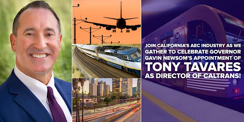 Don’t miss this chance to celebrate Gov. Newsom’s appointment of Tony Tavares as Director of <a href="/CaltransHQ/">Caltrans HQ</a>! Sponsored by AGC of California and other AEC organizations, the reception will take place in Los Angeles on Sept. 15 from 5-7 p.m. RSVP here → bit.ly/3AOJ3RF