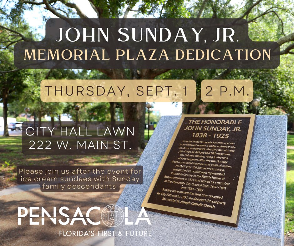 NEW DATE: Please join us for a dedication ceremony for John Sunday, Jr. Plaza on Thursday, Sept. 1 at 2 p.m. at the north plaza of City Hall, located at 222 W. Main St. in Pensacola. Learn more: bit.ly/3KvVV2m