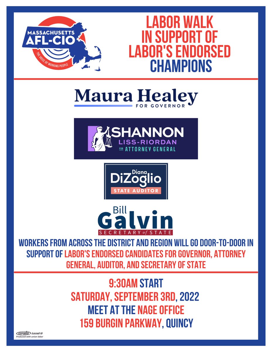 massaflcio's tweet photo. SATURDAY: Join us in Support of Labors Endorsed Champions; @maura_healey, @ShannonForAG, @DianaDiZoglio, and @BillGalvin4MA 

⏲️Saturday, September 3rd at 9:30AM
📍 NAGE, 159 Burgin Parkway, Quincy https://t.co/8ratQh9yKV