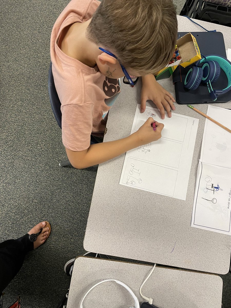 Writers using a planning page to show a story bit by bit from our idea book.