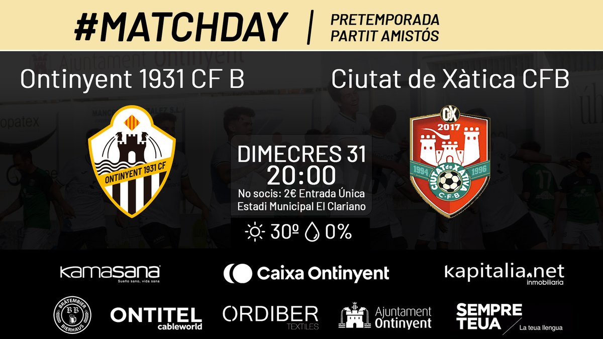 ontinyent1931cf's tweet photo. 📝 #SegonEquip #PròximPartit | El filial juga demà en casa davant el Ciutat de Xàtiva, que l'any passat va ser rival en la #2aRegional.
⚽️ @ontinyent1931cf B - @ciutatdexativa
🗓️ Dimecres 31 🕗 20:00
🎫 No socis: 2 €
🏆 #Pretemporada
📍 Estadi Municipal El Clariano https://t.co/QW1o3ncgTL