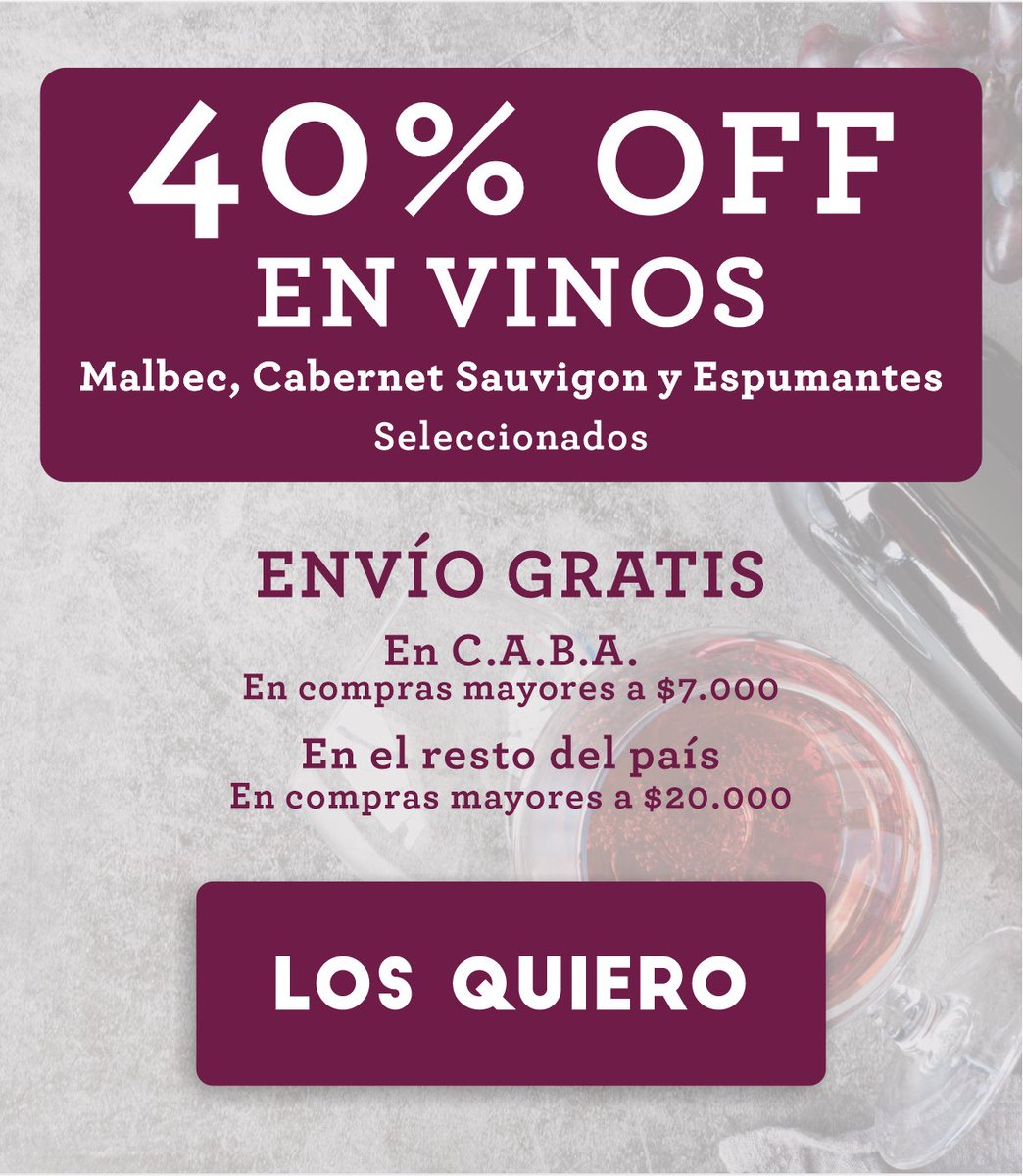 40% OFF
En vinos Malbec, Cabernet Sauvigon y Espumantes seleccionados

Envío Gratis en C.A.B.A. en compras mayores a $7.000

Acá:
espaciovino.com.ar/landing/40-Off…

#vinos