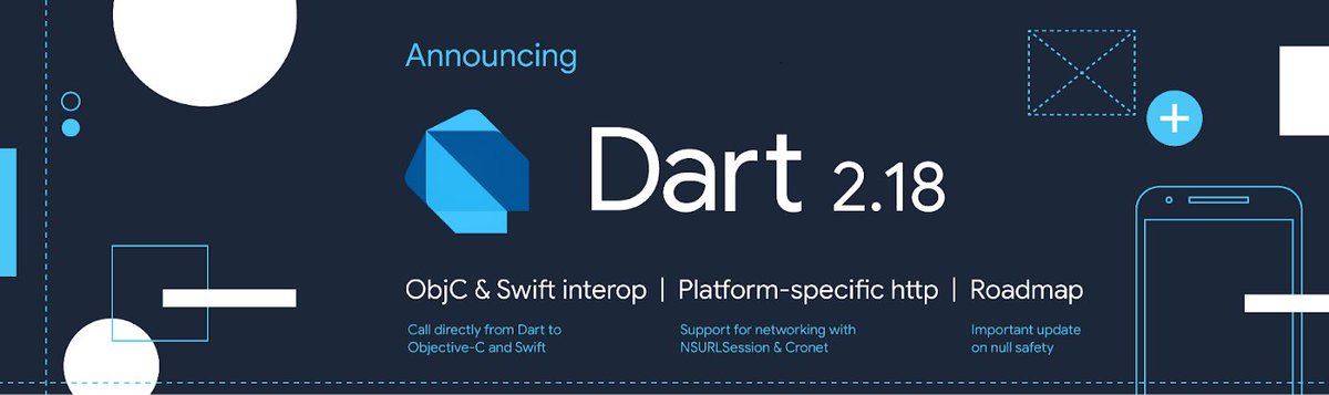 dart_lang's tweet image. 🥳 Announcing Dart 2.18!
Dive into the all-new features:
🍏 Direct interoperability from Dart to Objective-C and Swift
⏱ Important null safety language roadmap update
Get the details → goo.gle/3KAG96C