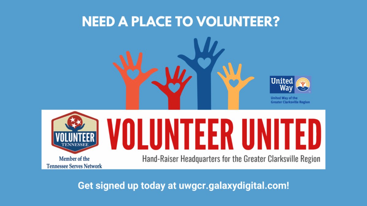 UWClarksville's tweet photo. Don't forget, if you or someone you know is looking for a way to volunteer and track hours, we have a source! It's our Volunteer United page at https://t.co/nfX4fdZqKL. Check it out to find your next volunteer opportunity! @volunteertn https://t.co/dksRAqCG1U