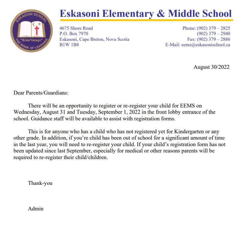 EskasoniSchools's tweet photo. EEMS Registration Info: https://t.co/VWFkEzuNx0