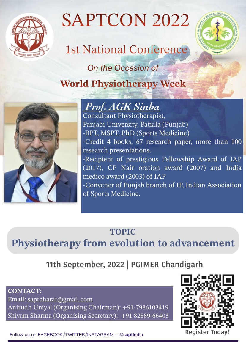 saptindia's tweet photo. With immense pleasure we’re going to reveal our next eminent speaker.. Prof.AGK Sinha…
Topic:- Application of movement science
#profagksinha #saptcon2022 #saptindia #pgimerchandigarh #physiotherapy #medcon #medicalconference #medicalworkshop #medmove https://t.co/2KP71W8BLY