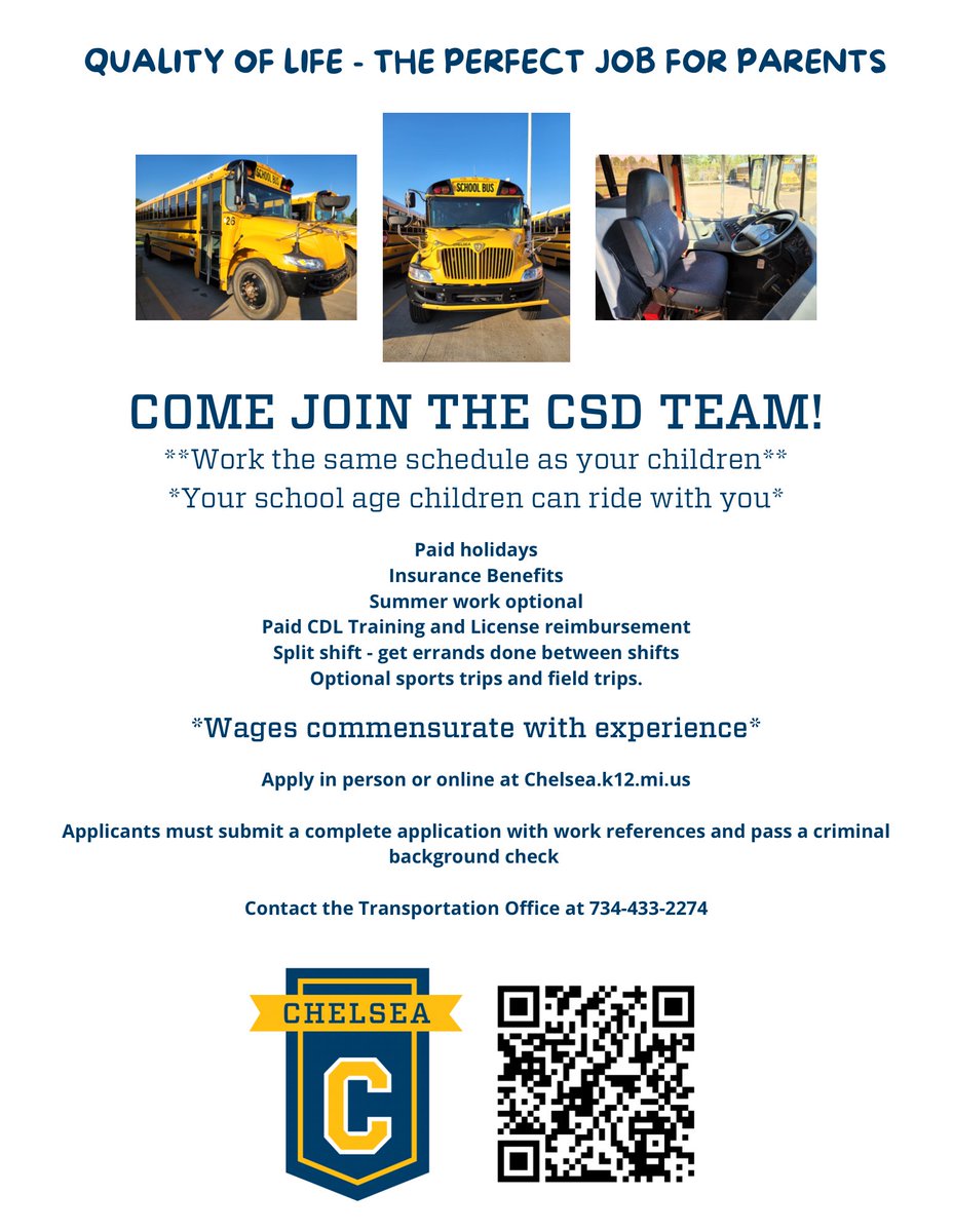 ChelseaSchools's tweet photo. We are hiring bus drivers! Come join the @chelsea_school transportation team! https://t.co/ChHJAYs4J9