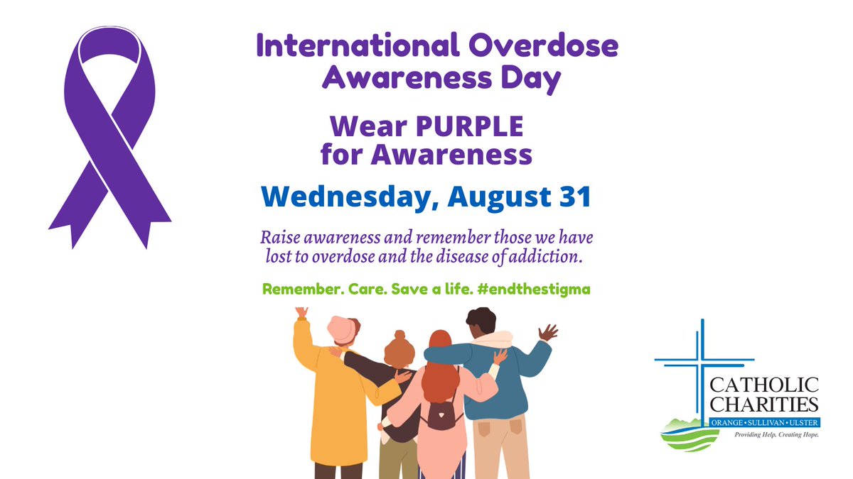 CathCharOSU's tweet photo. #showyourpurple #OverdoseAwarenessDay  
Thousands die from overdose each year. Each life is valuable &amp; stigmatizing people who use drugs must stop. Overdose death is preventable. For addiction treatment/support: https://t.co/VLnErn3QCk / 845.497.8080 xHELP. Wear purple tomorrow. https://t.co/unXT6Kelds