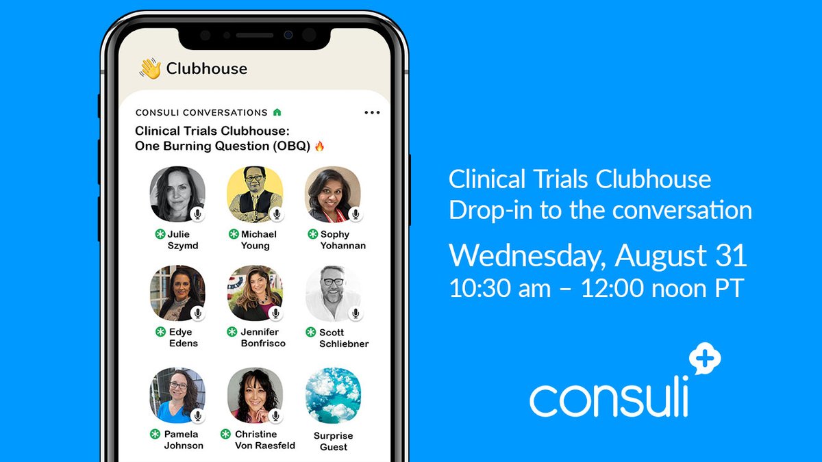 👋 Clinical Trials Clubhouse: One Burning Question with Consuli Conversations Tomorrow!! Join us on #ClubhouseApp
📆 Wednesday, 8/31
⌚️10:30 am PT
🗣What does EQUITY in clinical trials mean to you &amp; what can we do to assure EQUITY for all participants?
🚪 lnkd.in/gct8BKJV
