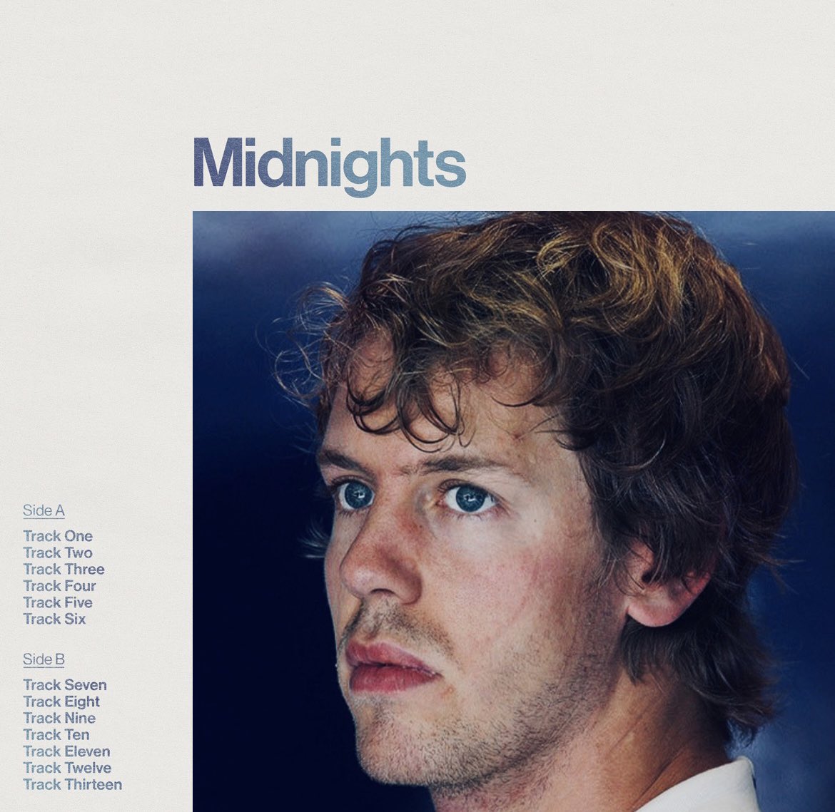 vettelton16's tweet photo. midnights but it’s sebastian vettel on the cover https://t.co/2tw09hDG9d
