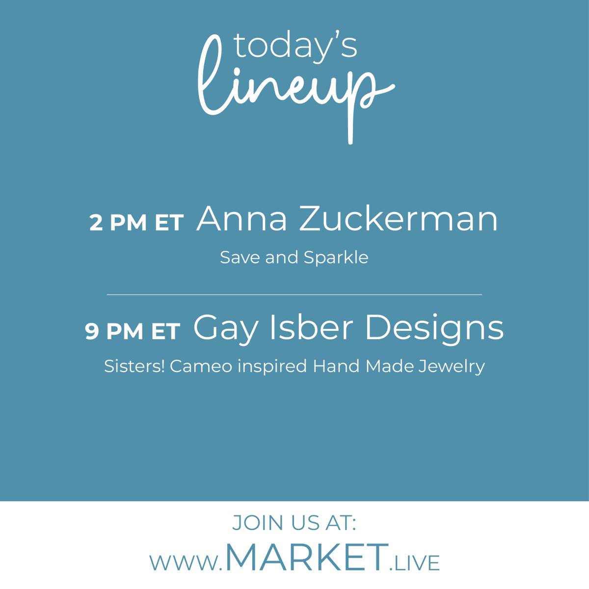 ShopMARKET_Live's tweet image. We’ve got some fantastic livestream shopping events in store for you today! Check out the schedule, and grab some fabulous jewelry from our excellent sellers! #AnnaZuckerman and #GayIsberDesigns at market.live/portal/

#MARKET #LivestreamShopping #TodaysLineUp #Jewelry