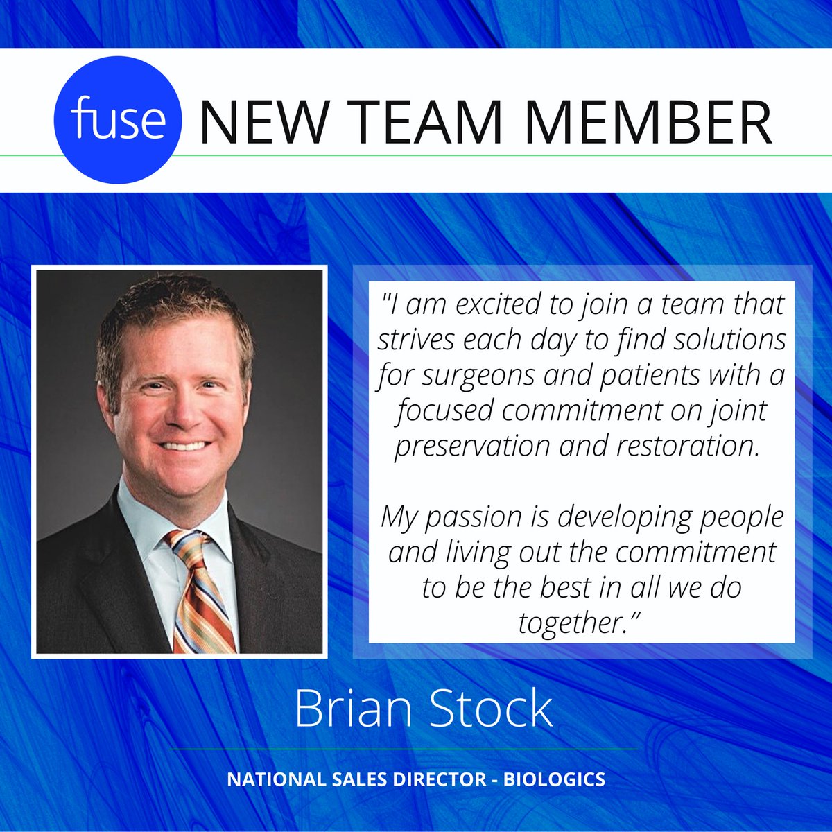 Fuse_FZMD's tweet photo. Welcome to our newest Fuse Team Member, Brian Stock - National Sales Director of Biologics! #proudtoFUSE #FUSEready #orthotwitter #FZMD #biologics https://t.co/kxwvFikrRM