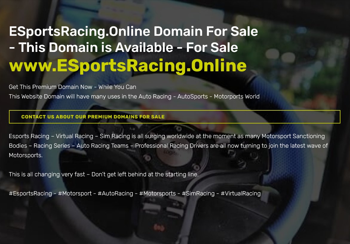 MSportDomains's tweet photo. Doing ESports Racing ?
This perfect domain is for sale
https://t.co/Tp7zPayjxQ
#ESportsRacing
#ESportsCarRacing
#ESports
#Motorsport
#MotorsportEcosystem
#ESportsPaddock
#AutoRacing
#SimRacing
#DomainNameForSale
#PCRacing
#VirtualRacing
#SimRacer
#MSport
#ESPORTS
| #MSportDomains https://t.co/EAUl55pX8q
