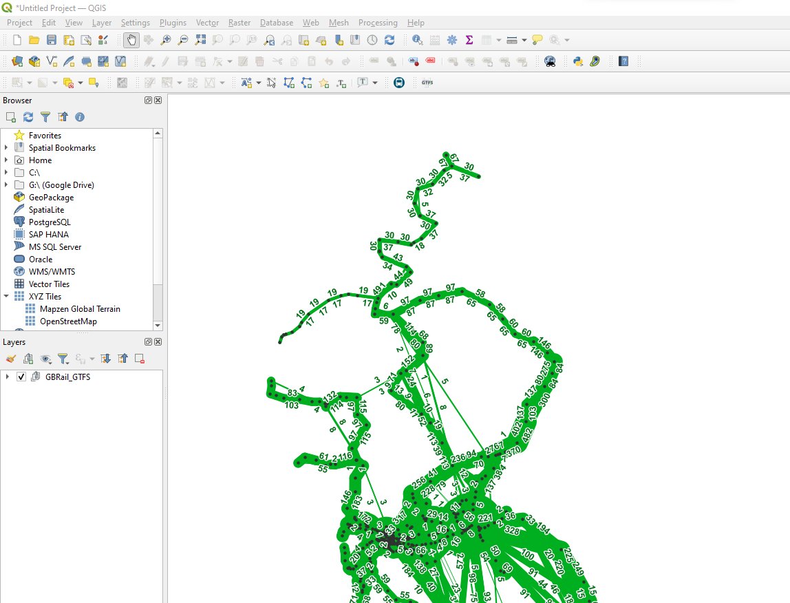 thomasforth's tweet image. So,... there's an amazing plugin for QGIS from Japan (sponsored by Toyota it seems) which takes GTFS public transport timetables and creates frequency maps with no work and I loaded up the GTFS format GB railway timetable (which I obviously have hanging around) and wow.