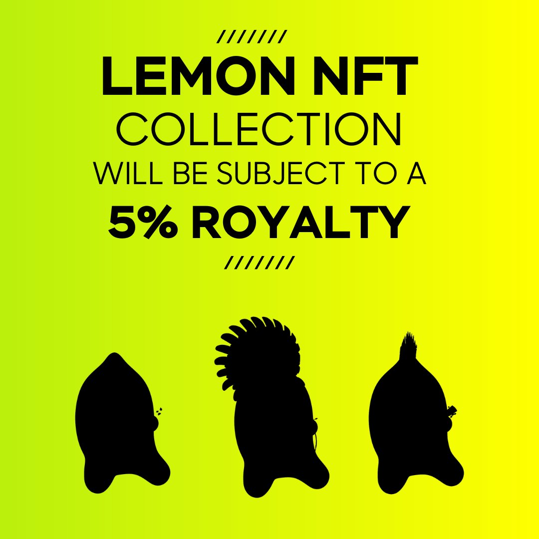 lemonnet_app's tweet photo. NFTs of #LemonNFT collection will be subject to a 5% royalty for the company, distributed as follows:
๐ธ1% Split among all Lemonencer NFTs
๐ธ2% The DAO Treasure
๐ธ2% Lemon Network Group
#LEMONNET #ShareAndEarn #SocialMedia https://t.co/1F3NONVjuD