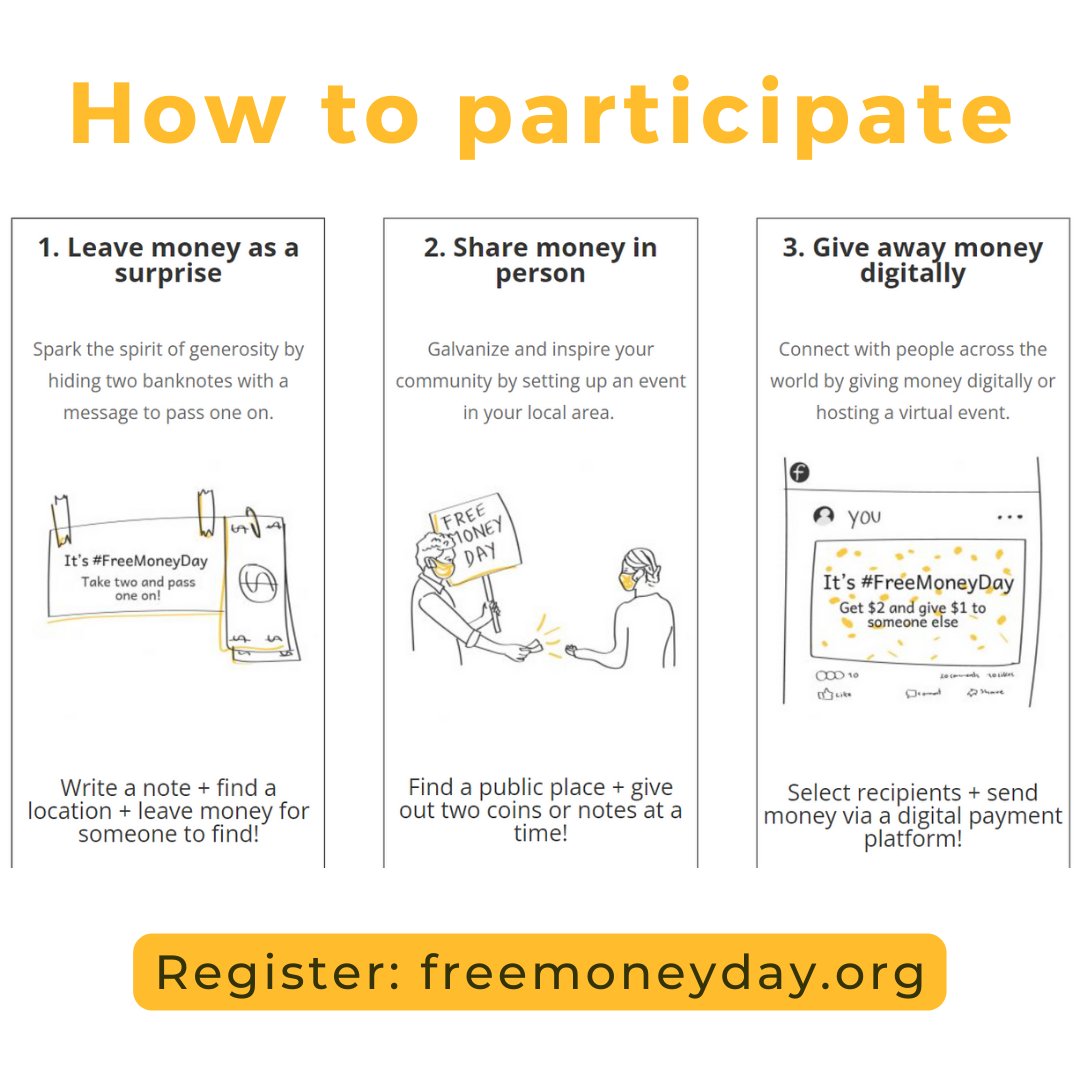 Freemoneyday's tweet photo. Participating is as easy as 1) Leaving money as a surprise 2) Sharing money in person 3) Sending money virtually Register at https://t.co/nZBbuZN0fZ
#freemoneyday #sharingiscaring #postgrowth #solidarity #payitforward #explore #discover #werenotreallystrangers #solidarityeconomy https://t.co/c0iWpyDoIu