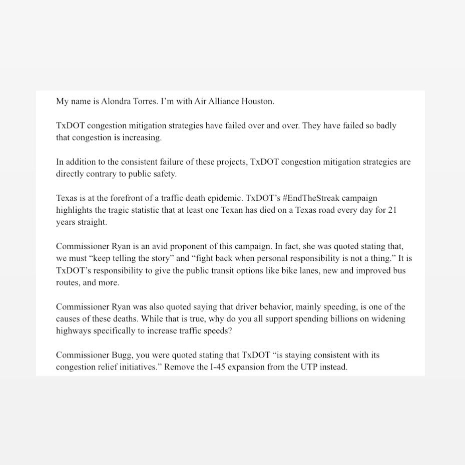 alondratanahi's tweet photo. My comments against the I-45 expansion at the Texas Transportation Commission Meeting. @lryanheizer if you want to stop getting bullied on Twitter, QUIT KILLING US. #FREEDOMNOTFREEWAYS https://t.co/TAwlyxLZSO