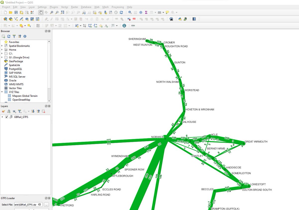 thomasforth's tweet image. So,... there's an amazing plugin for QGIS from Japan (sponsored by Toyota it seems) which takes GTFS public transport timetables and creates frequency maps with no work and I loaded up the GTFS format GB railway timetable (which I obviously have hanging around) and wow.