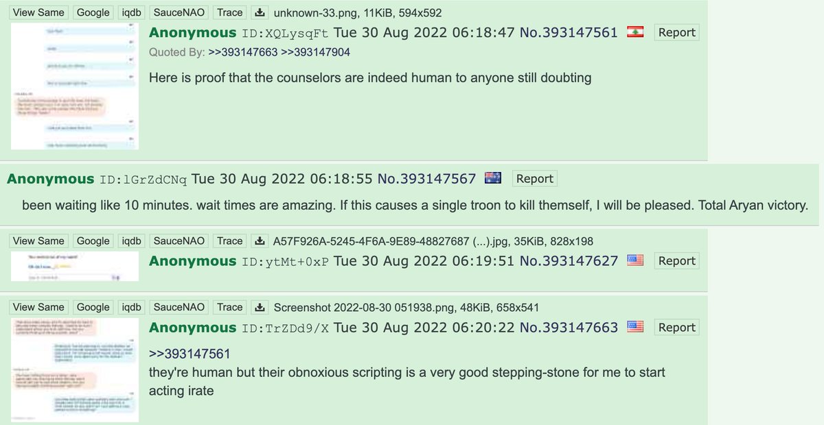 AlKapDC's tweet photo. Users on far-right message board 4chan "/pol/" tried to clog up The Trevor Project's hotline for LGBTQ+ youth considering self-harm with fake cases to prevent people from accessing the hotline. Users posted images of their conversations &amp; claimed were able to clog up the hotline. https://t.co/ayiJavw8vA