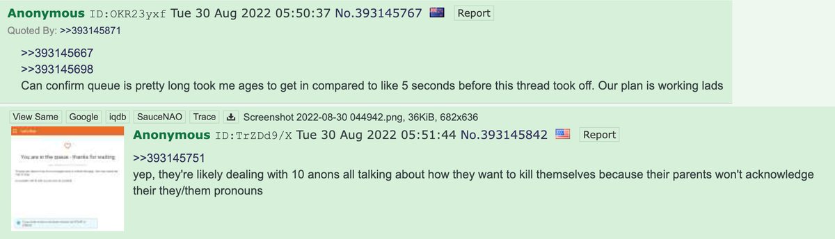 AlKapDC's tweet photo. Users on far-right message board 4chan "/pol/" tried to clog up The Trevor Project's hotline for LGBTQ+ youth considering self-harm with fake cases to prevent people from accessing the hotline. Users posted images of their conversations &amp; claimed were able to clog up the hotline. https://t.co/ayiJavw8vA