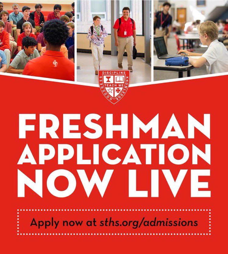 🚨🚨🚨
The Great Awaits

<a href="/STHCatholic/">St. Thomas High School</a> now accepting freshmen applications for 2023-24 academic year.

💥 Submit by Jan 15.
💥 Embracing the ethic. Maintaining the standard. Continuing the tradition. 
💥 The best is yet to come.

#mySTH #STHCatholic

GO ⤵️
sths.org/admissions/