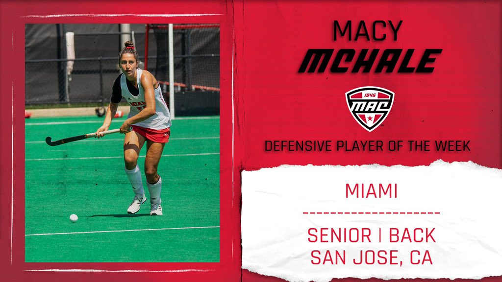 MAC Field Hockey Defensive Player of the Week: Macy McHale

McHale leads the team in assists with 2 out of the team's total of 6. She also leads Miami's backs in points with 2.

#RiseUpRedHawks | #MACtion