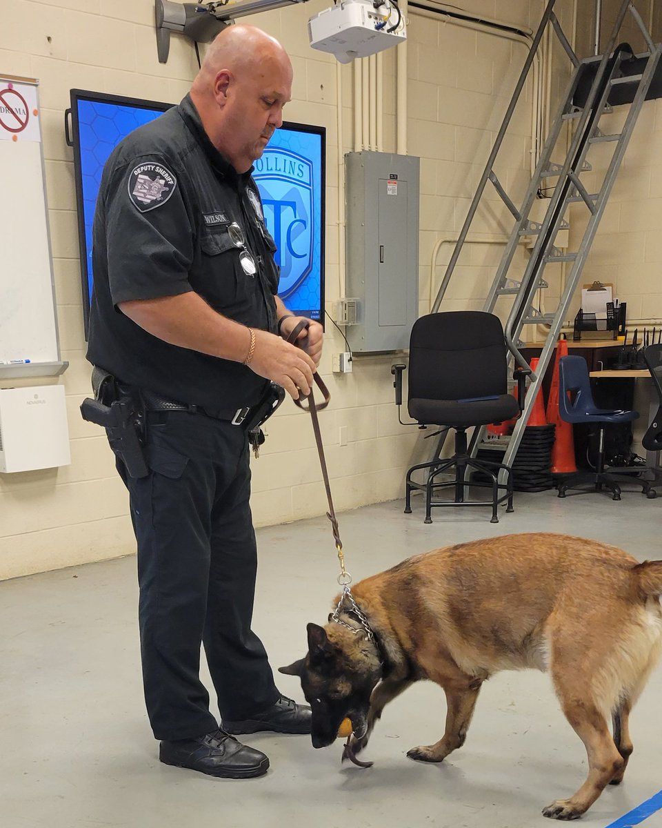 CollinsCTC's tweet photo. Sgt. Wilson and Archie stopped by our Criminal Justice class last week to do some demos and answer some of the student's questions. Archie was all business, but we could tell he is a very good boy! #CCTCtech #CCTCworks #K9 https://t.co/WpOja6XALS