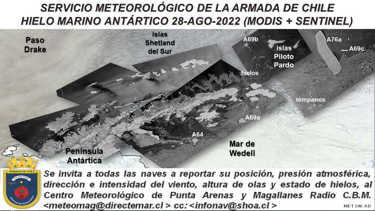 Off_Valpo's tweet photo. [NUEVO] radio aviso náutico N°301 https://t.co/MTG2VyKYIF… teledetección de #hielos a la deriva en las islas #Shetland_del_Sur (XII Región de @Magallanes y la @AntarcticaCL) témpanos tabulares gigantes #A76a 73x14 Mn (135x26 km) y #A69b 4x5 Mn (7x9 km) https://t.co/LfXxjMtM3J… https://t.co/JgZKyU8uSI